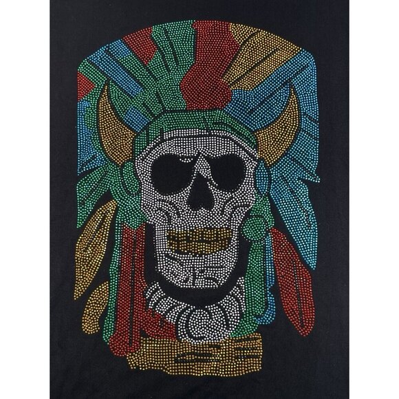 Mens 3XL Black Jewel Studded Aztec Skull S/S T-SHIRT Johnson Super Heavy Weight - Picture 2 of 8
